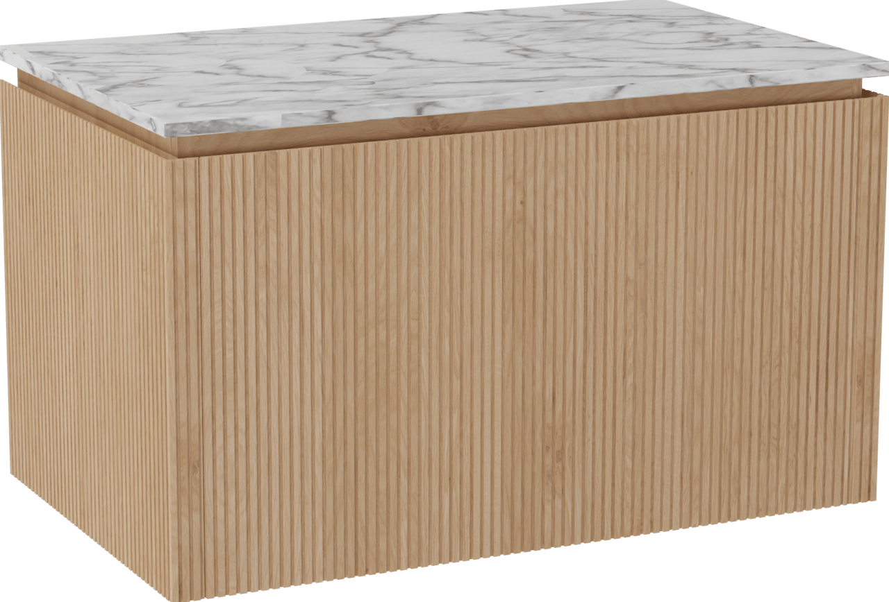 Balmani Eclips meuble salle de bains suspendu 90 x 55 cm Chêne naturelle avec Stretto tablette simple en Marbre Carrare, Nervure droite symétrique verticale