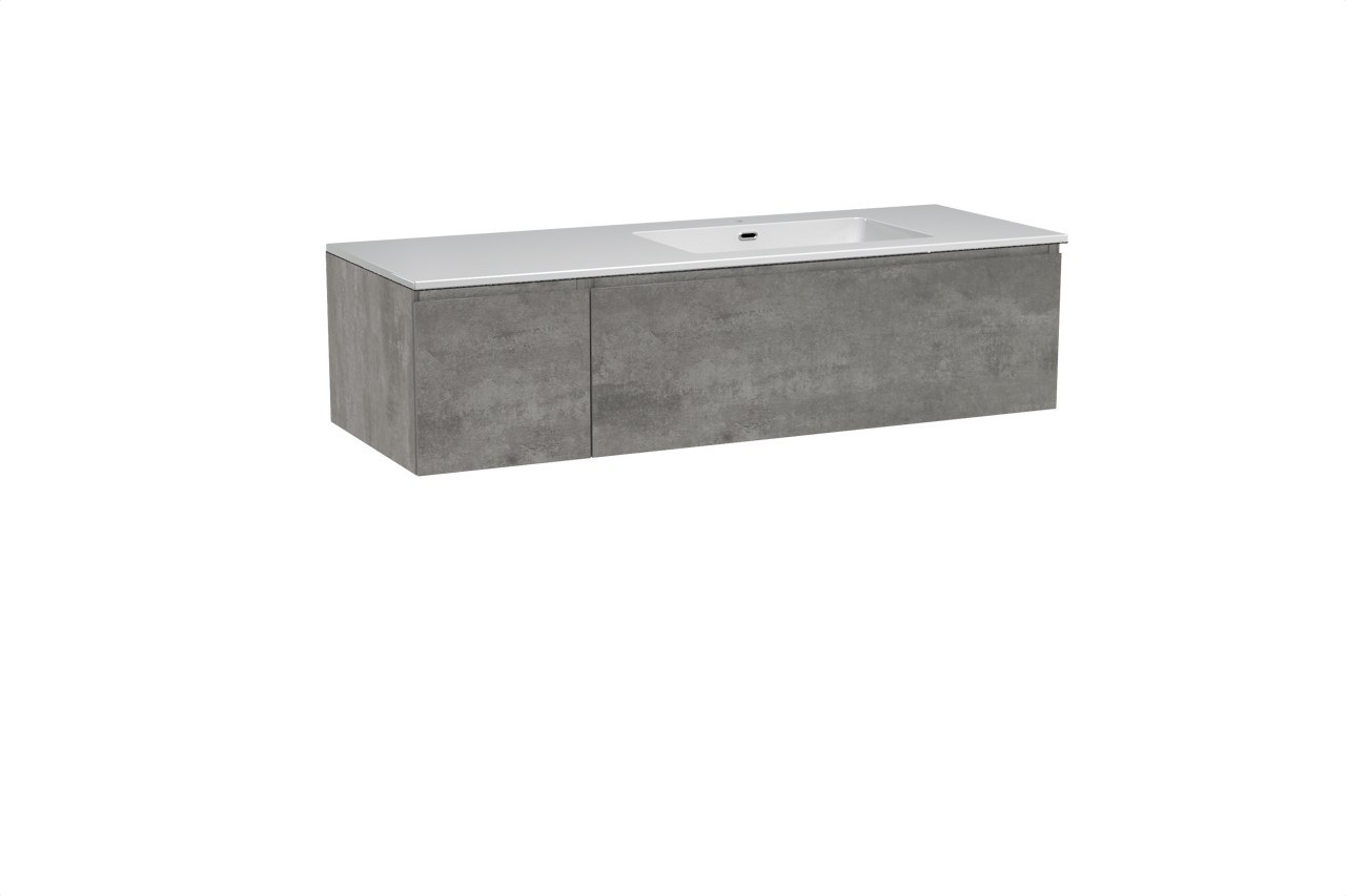 Storke Edge meuble salle de bains suspendu 140 x 52 cm béton gris foncé avec Diva plan vasque asymétrique à droite en marbre composite blanc brillant