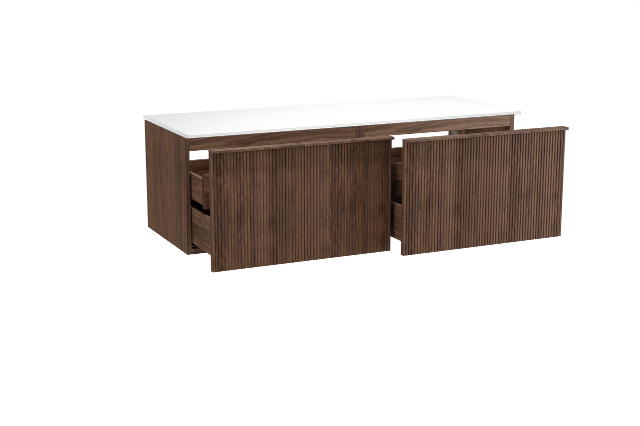 Balmani Forma meuble salle de bains suspendu 150 x 55 cm noyer américain avec Stretto tablette simple ou double en solid surface blanc mat, Nervure droite symétrique verticale