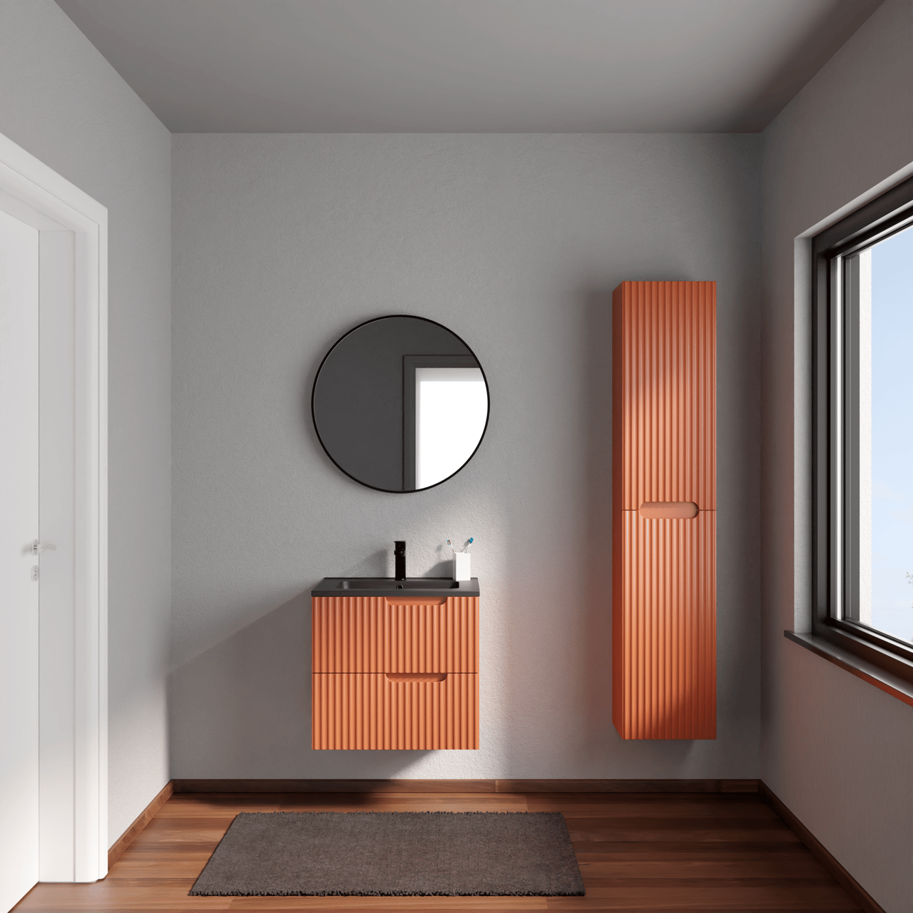 Linie Ribbo meuble salle de bains suspendu 60 x 46 cm cotto avec Vano plan simple en marbre composite noir mat, Nervure circulaire symétrique verticale