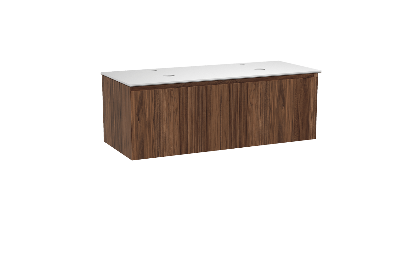 Balmani Idra hängendes Möbelstück Set: 135 x 55 cm, Nussbaum, mit Facetta Doppel Waschtischplatte, Solid Surface Weiß matt