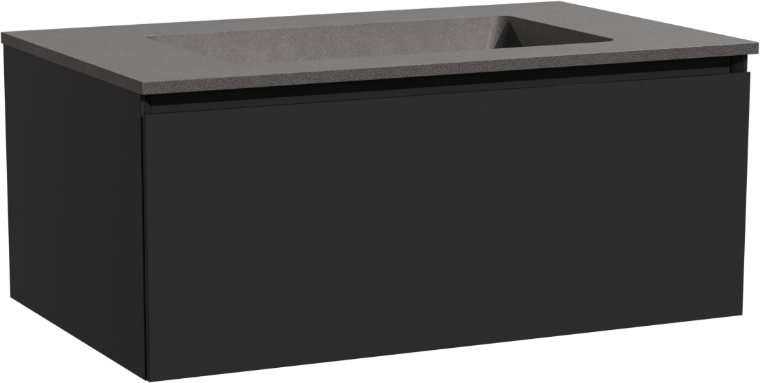 Storke Edge zwevend badmeubel 85 x 52 cm mat zwart met Scuro enkele wastafel in kwarts mat zwart