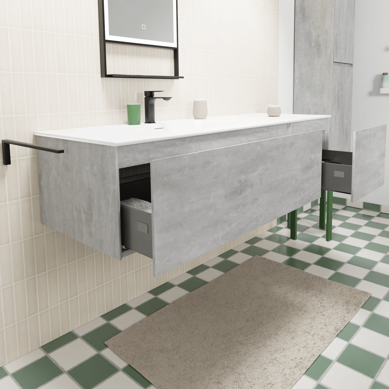 Storke Edge zwevend badmeubel 150 x 52 cm beton donkergrijs met Mata asymmetrisch linkse wastafel in solid surface mat wit