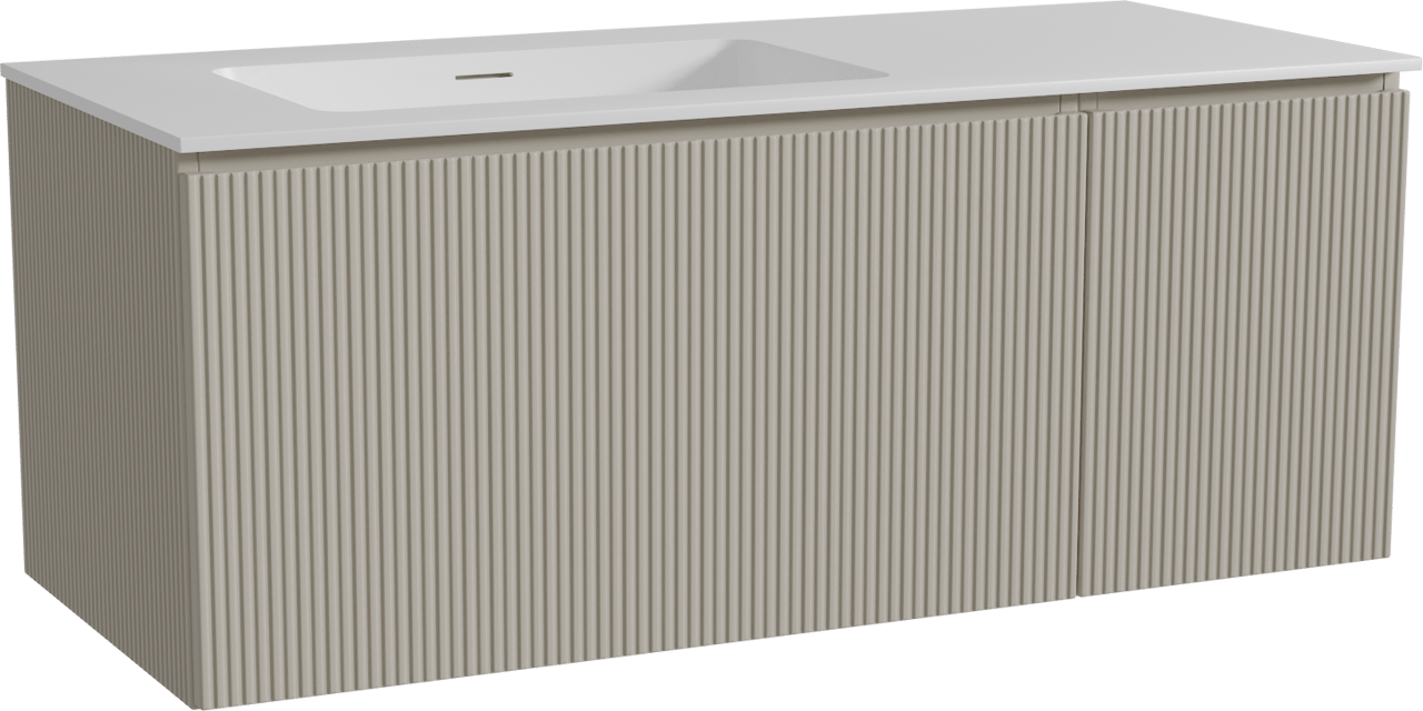 Storke Ribs hängendes Möbelstück Set: 120 x 52 cm, Seidengrau, mit Mata Waschtisch links, Solid Surface, Weiß matt, Vertikale symmetrische gerade Rippe