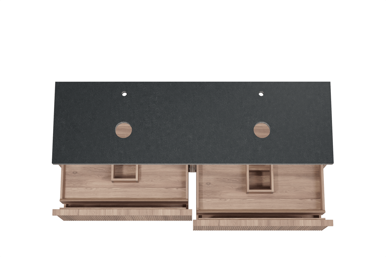 Balmani Forma hängendes Möbelstück Set: 180 x 55 cm, Teak, mit Rock Doppel Waschtischplatte, Granit, Schwarzes Granit, Vertikale symmetrische gerade Rippe