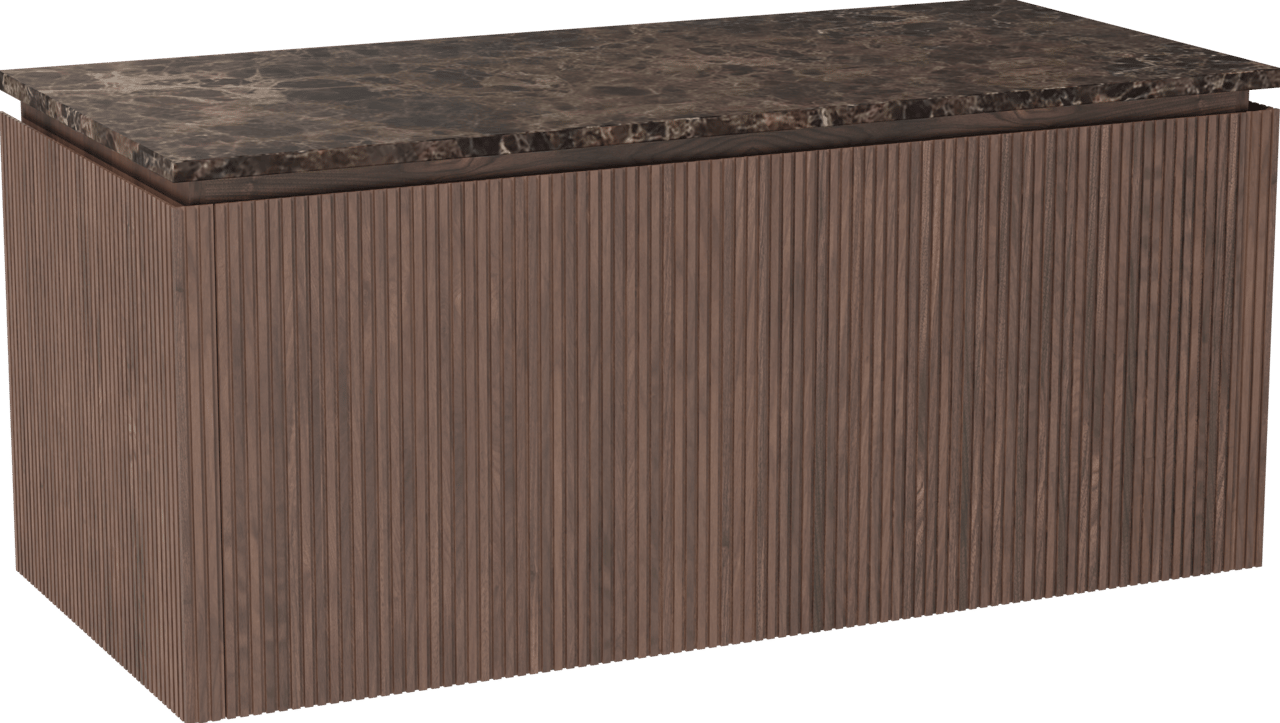 Balmani Eclips hängendes Möbelstück Set: 120 x 55 cm, Amerikanischer Nussbaum, mit Stretto Einzel- oder Doppel Waschtischplatte Marmor Dark Emperador, Vertikale symmetrische gerade Rippe