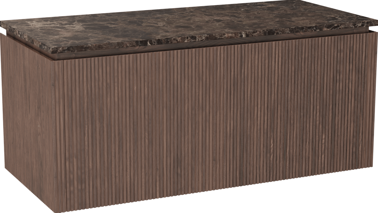 Balmani Eclips meuble salle de bains suspendu 120 x 55 cm Noyer américain avec Stretto tablette simple ou double en Dark Emperador marbre, Nervure droite symétrique verticale