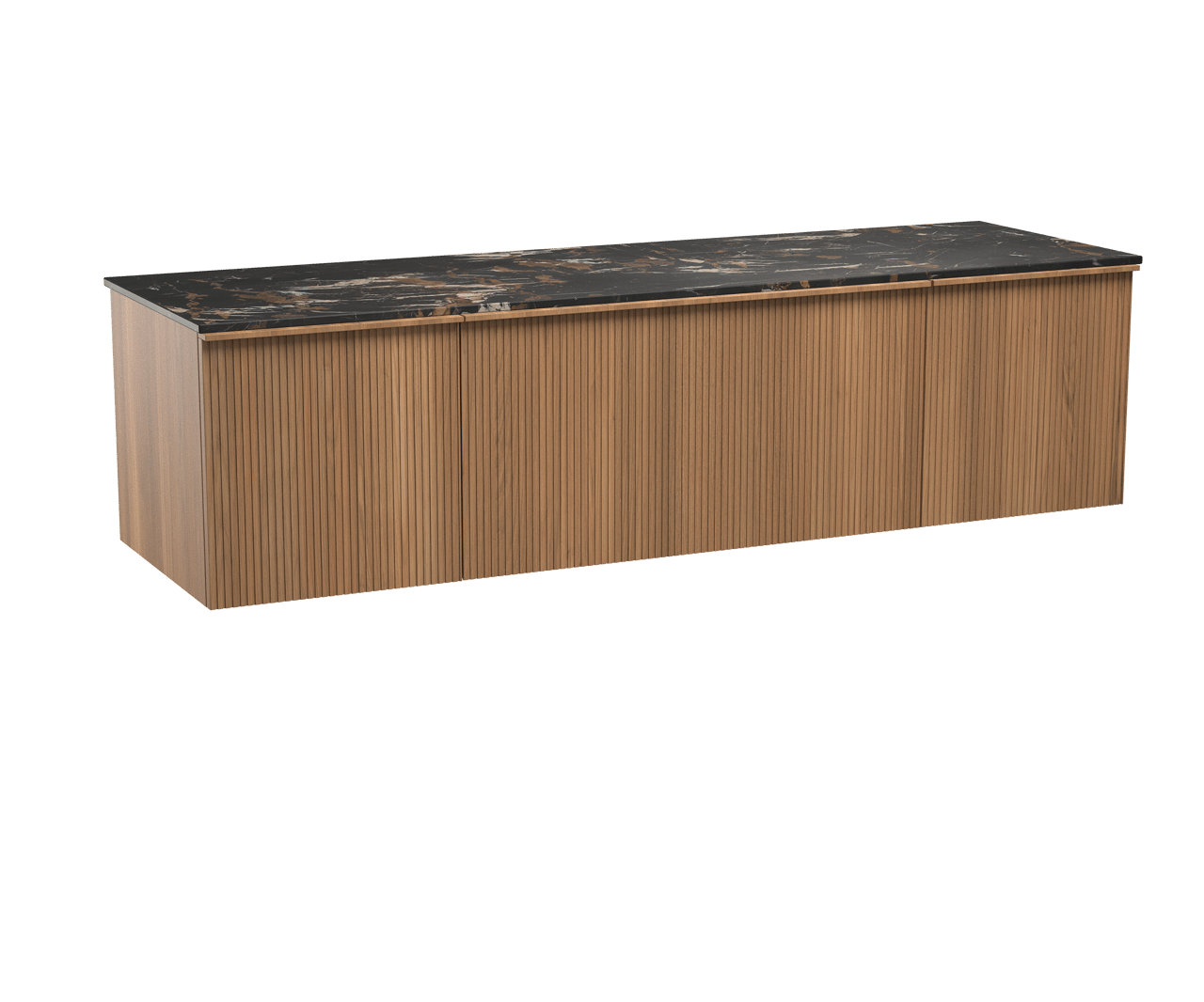 Balmani Forma zwevend badmeubel 180 x 55 cm teakhout met Stretto enkel of dubbel wastafelblad in marmer portoro gold, Verticale symmetrische rechte ribbel