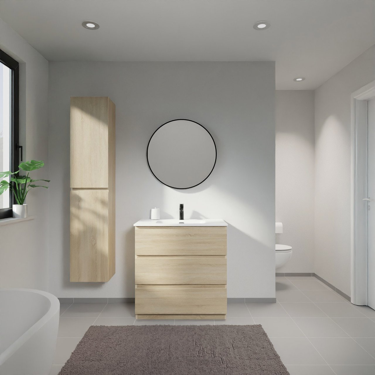 Linie Lado meuble salle de bains à poser 80 x 46 cm chêne blanc avec Baro plan simple en porcelaine blanc mat