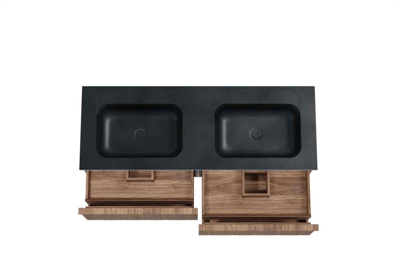 Balmani Forma zwevend badmeubel 150 x 55 cm amerikaans notenhout met Tablo Strada dubbele wastafel in composietmarmer mat zwart, Verticale asymmetrische ronde ribbel