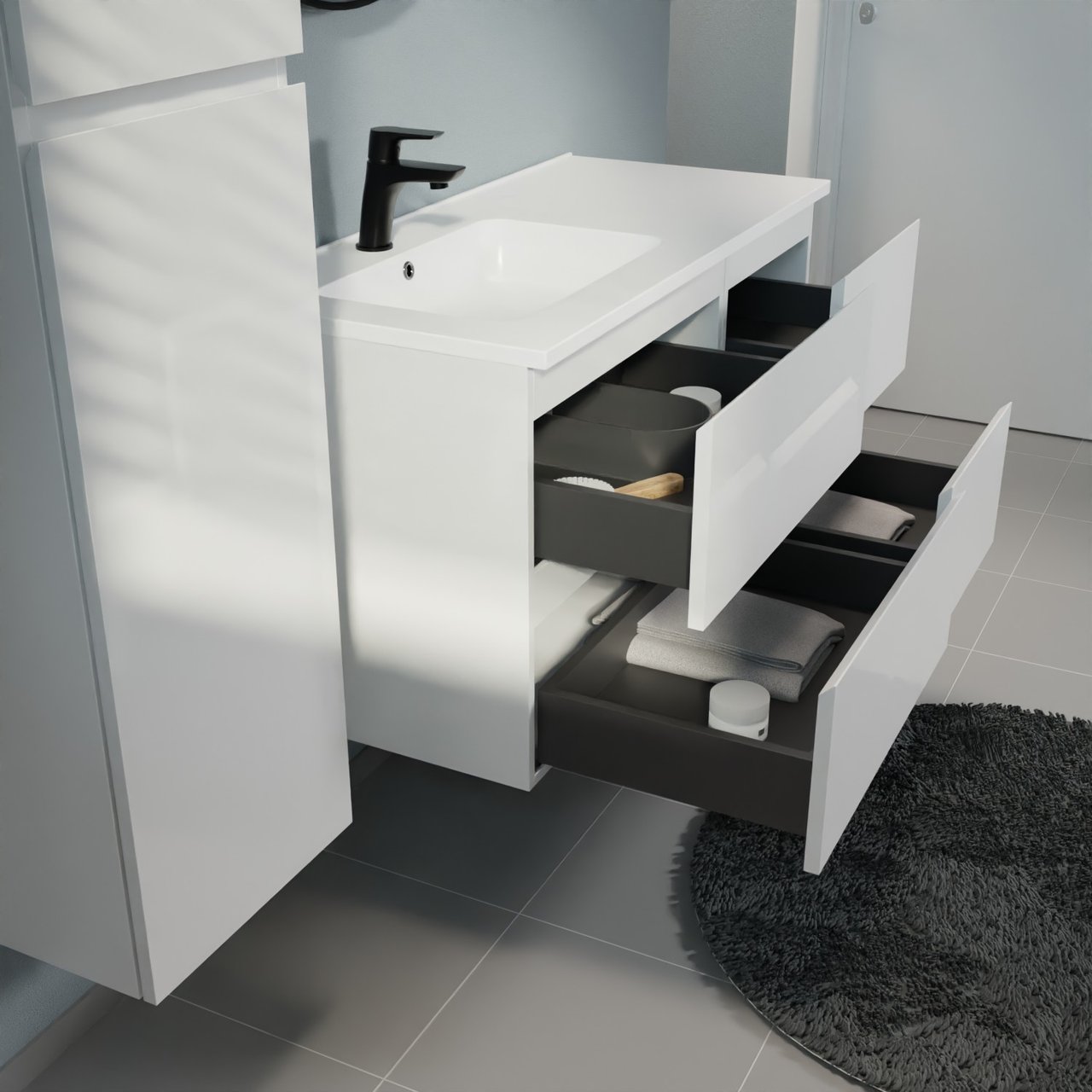 Linie Lado zwevend badkamermeubel 100 x 46 cm glanzend wit met Vano asymmetrisch linkse wastafel in composietmarmer mat wit