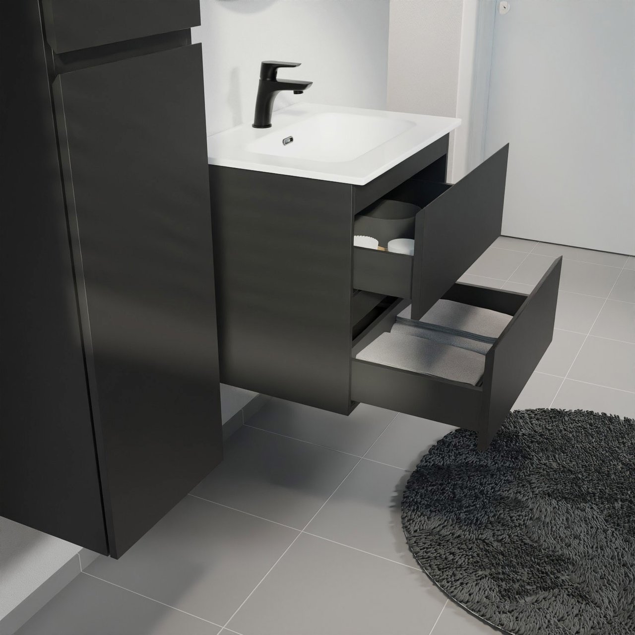 Linie Lado meuble salle de bains suspendu 60 x 46 cm noir mat avec Baro plan simple en porcelaine blanc brillant