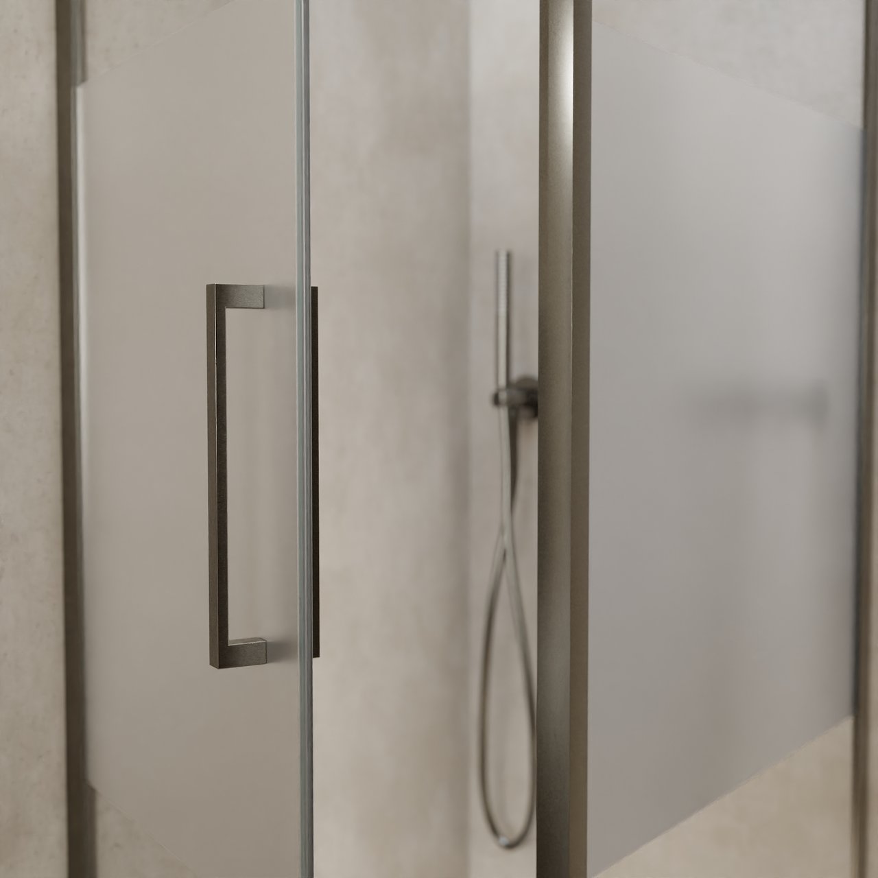 Balmani Senses Design douchecabine met linkse draaideur en vaste zijwand, 90 x 90 cm, Helder glas met matte strook, Brushed GunMetal profielen