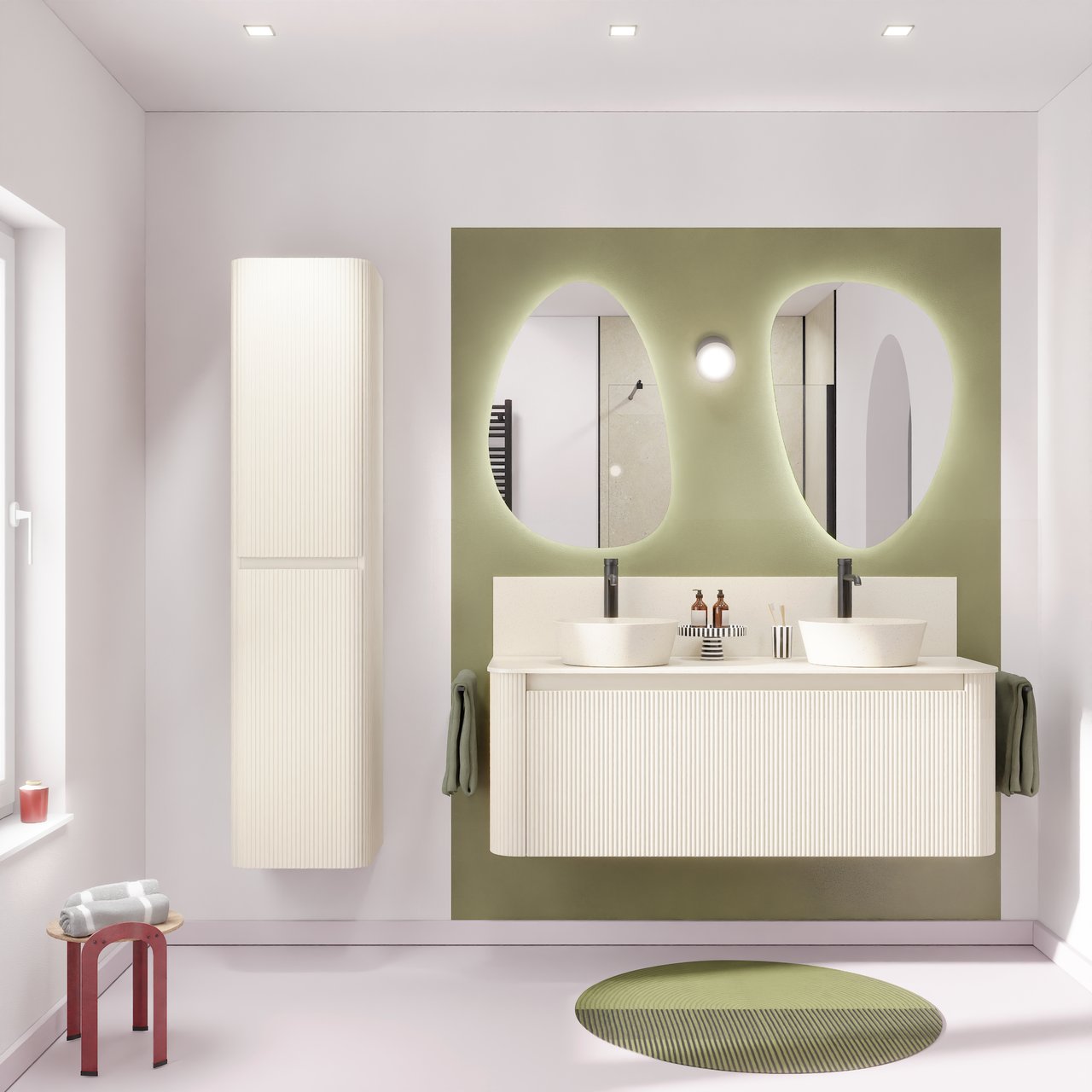 Storke Soft hängendes Möbelstück Set: 140 x 46 cm, Sand Matt, mit Tavola Soft Einzel- oder Doppel Waschtischplatte Solid Surface Beige Granit, Vertikale symmetrische gerade Rippe