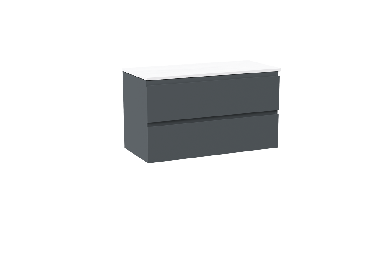 Linie Lado meuble salle de bains suspendu 100 x 46 cm bleu anthracite avec Lado tablette simple ou double en marbre composite blanc mat