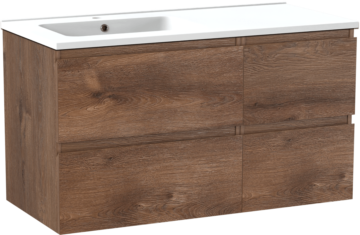 Linie Lado zwevend badkamermeubel 100 x 46 cm bruine eik met Vano asymmetrisch linkse wastafel in composietmarmer mat wit