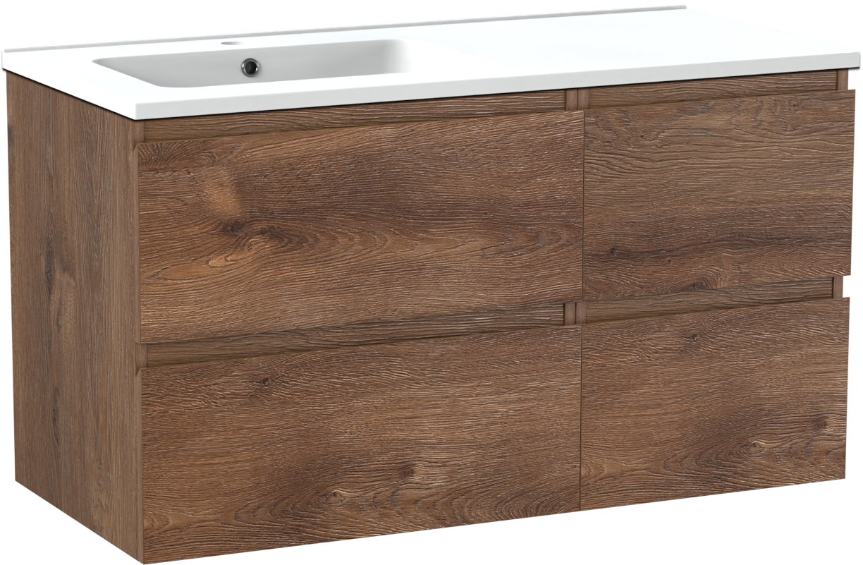 Linie Lado hängendes Möbelstück Set: 100 x 46 cm, Braune Eiche, mit Vano Waschtisch links, Marmorkomposit Weiß matt