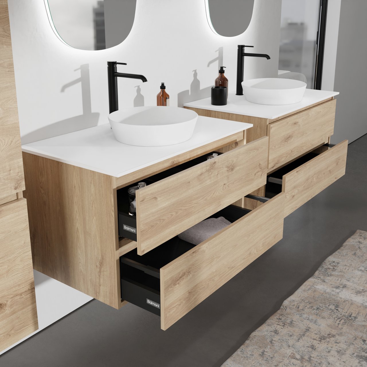 Balmani Lucida meuble salle de bains suspendu 90 x 55 cm chêne brut avec Stretto tablette simple en solid surface blanc mat