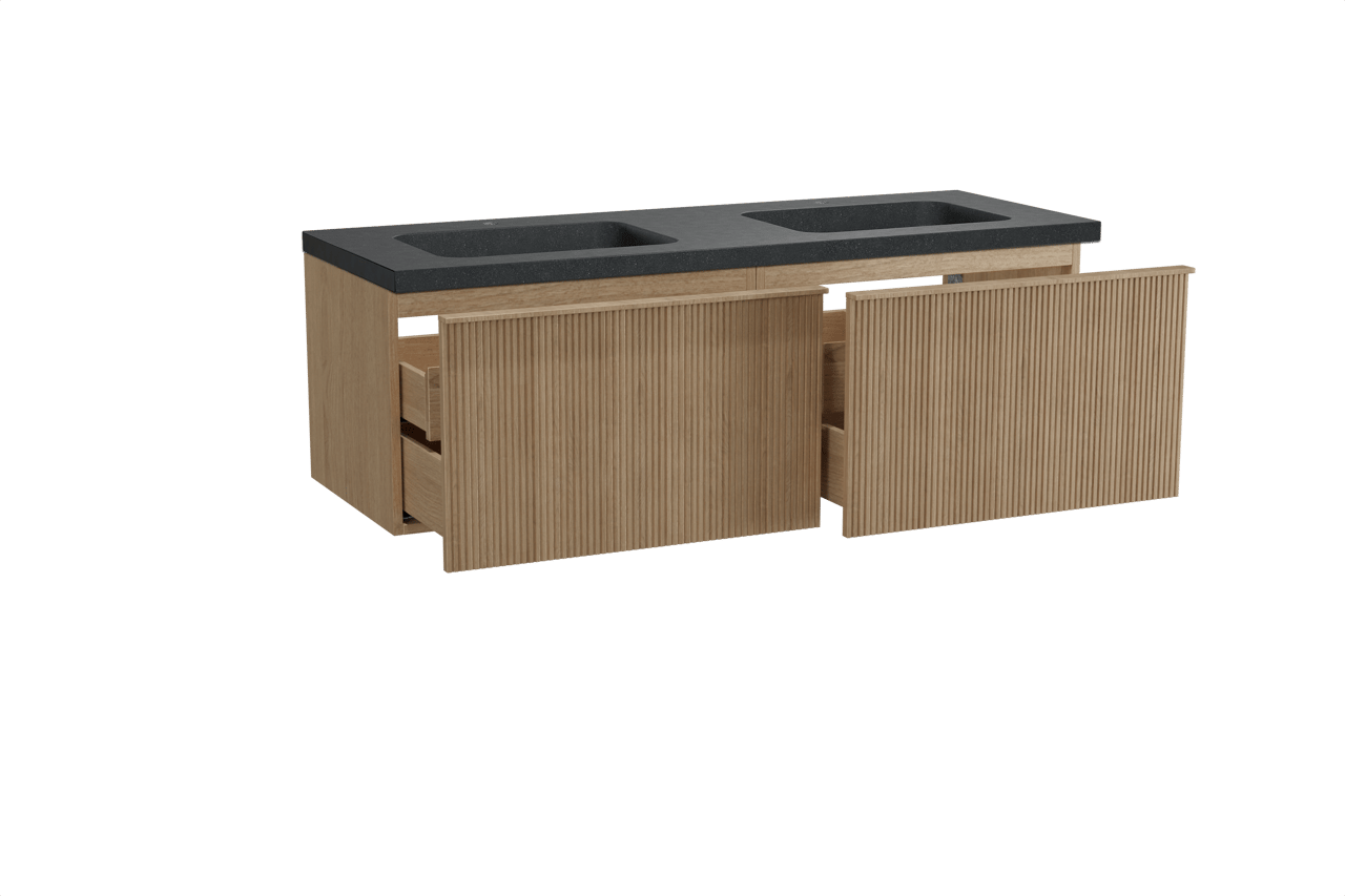 Balmani Forma hängendes Möbelstück Set: 150 x 55 cm, Naturbelassene Eiche, mit Napoli Doppelwaschtisch, Granit, Schwarzes Granit, Vertikale symmetrische gerade Rippe