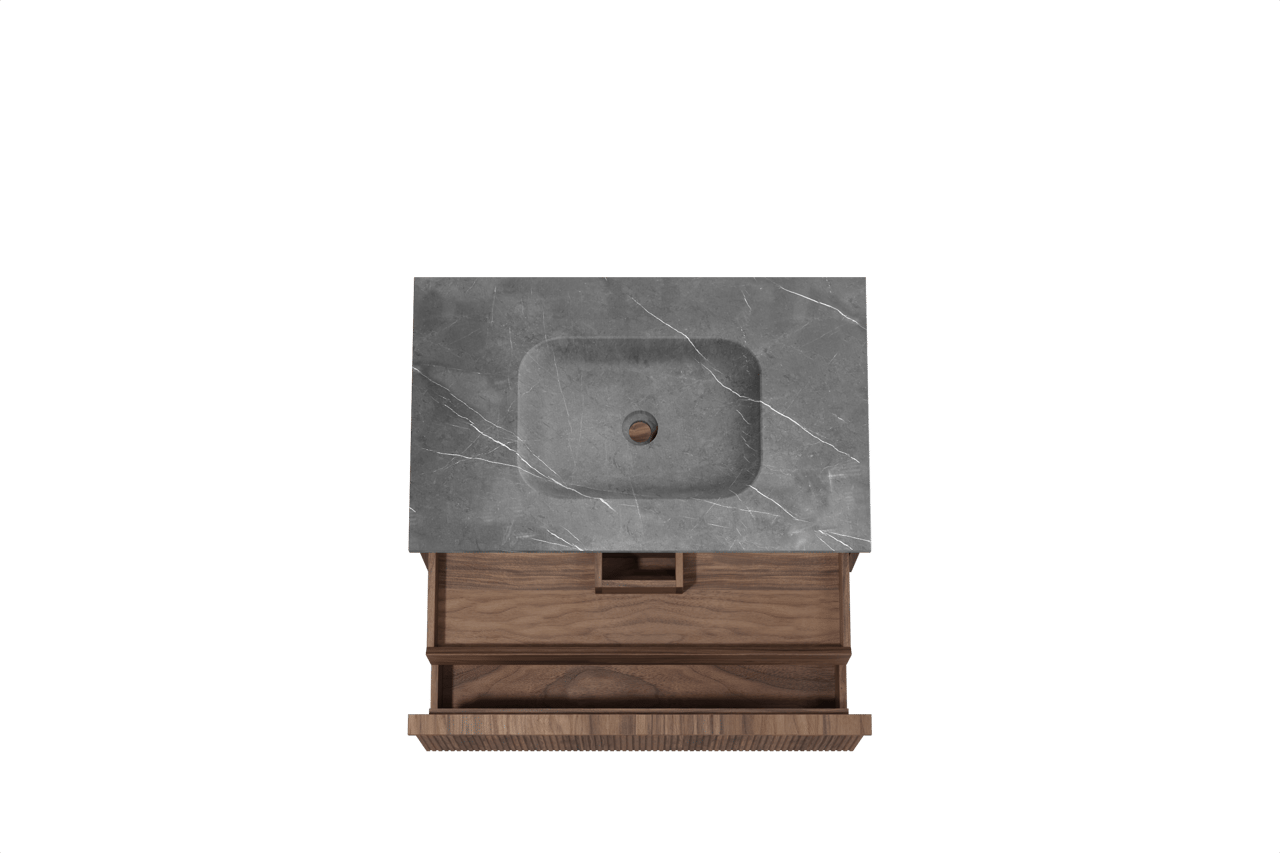 Balmani Forma zwevend badkamermeubel 90 x 55 cm amerikaanse notelaar met Tablo Arcato enkele wastafel in marmer pietra grey, Verticale symmetrische rechte ribbel