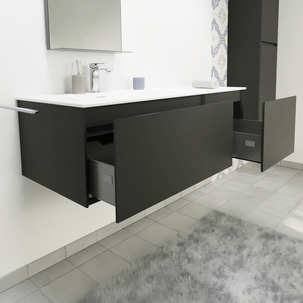 Storke Edge zwevend badmeubel 120 x 52 cm mat zwart met Mata asymmetrisch linkse wastafel in solid surface mat wit