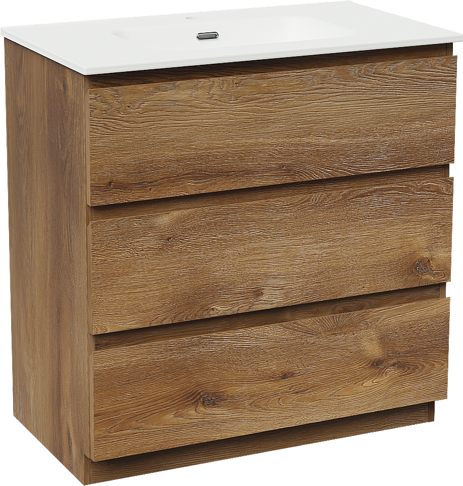 Linie Lado staand badkamermeubel 80 x 46 cm bruine eik met Baro enkele wastafel in porselein mat wit