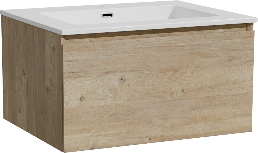 Storke Edge zwevend badmeubel 65 x 52 cm ruw eiken met Diva enkele wastafel in composietmarmer hoogglans wit