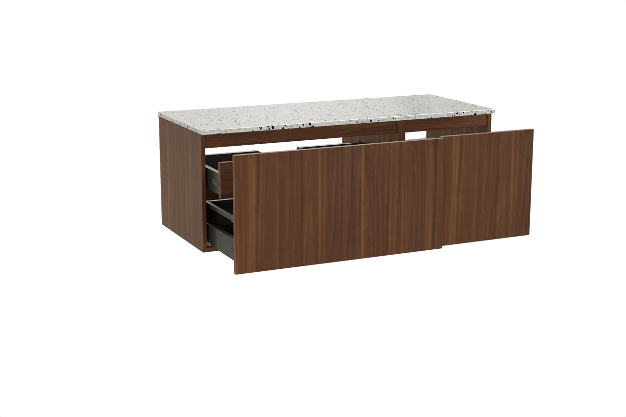 Balmani Sfera meuble salle de bains suspendu 135 x 55 cm noyer américain avec Stretto tablette simple ou double en blanc/noir mat terrazzo