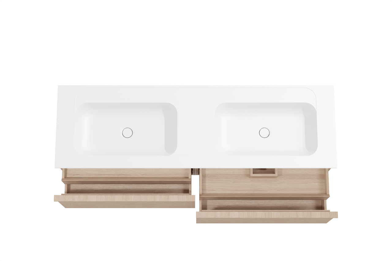 Balmani Forma meuble salle de bains suspendu 180 x 55 cm chêne naturel avec Tablo Strada double vasque en marbre composite blanc mat, Nervure droite symétrique horizontale