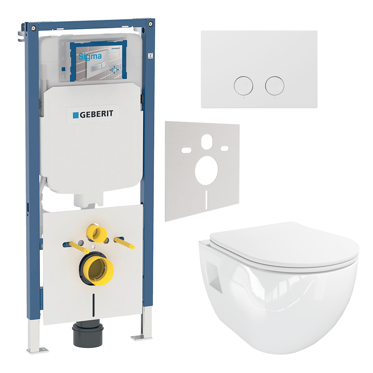 Linie Waldo hangtoilet glanzend wit randloos met Geberit Systemfix UP720 Sigma inbouwreservoir en bedieningspaneel