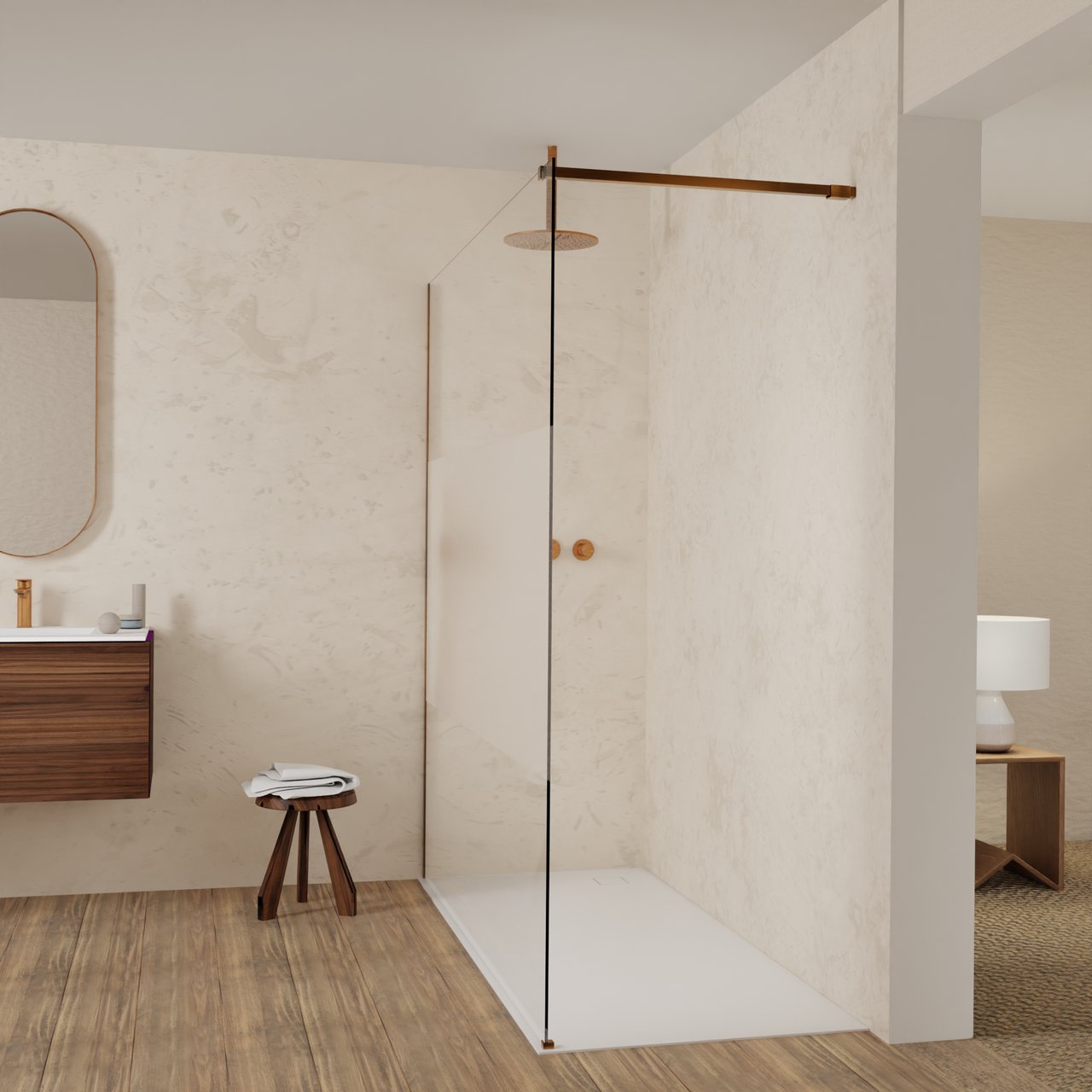 Balmani Modular Walk-In Dusche: 180 x 200 cm, Klarglas mit mattiertem Streifen, inklusive Coating, Profil Brushed Rosegold