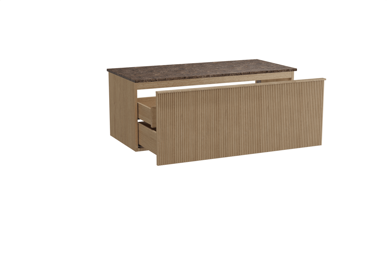 Balmani Forma meuble salle de bains suspendu 120 x 55 cm chêne naturel avec Stretto tablette simple ou double en marbre dark emperador, Nervure droite symétrique verticale