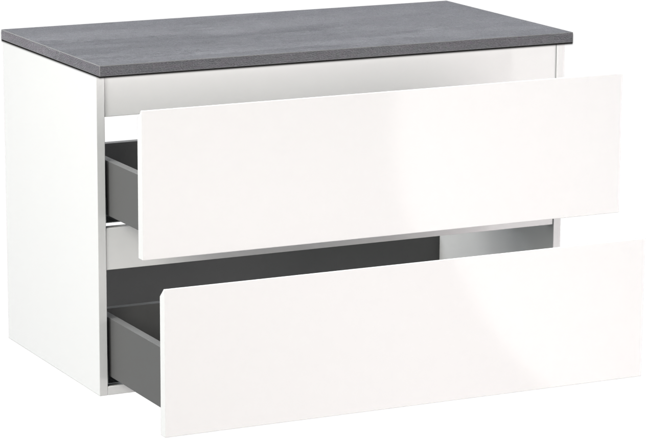 Linie Lado hängendes Möbelstück Set: 90 x 46 cm, Weiß glänzend, mit Lado Einzel Waschtischplatte, Melamin Beton dunkelgrau