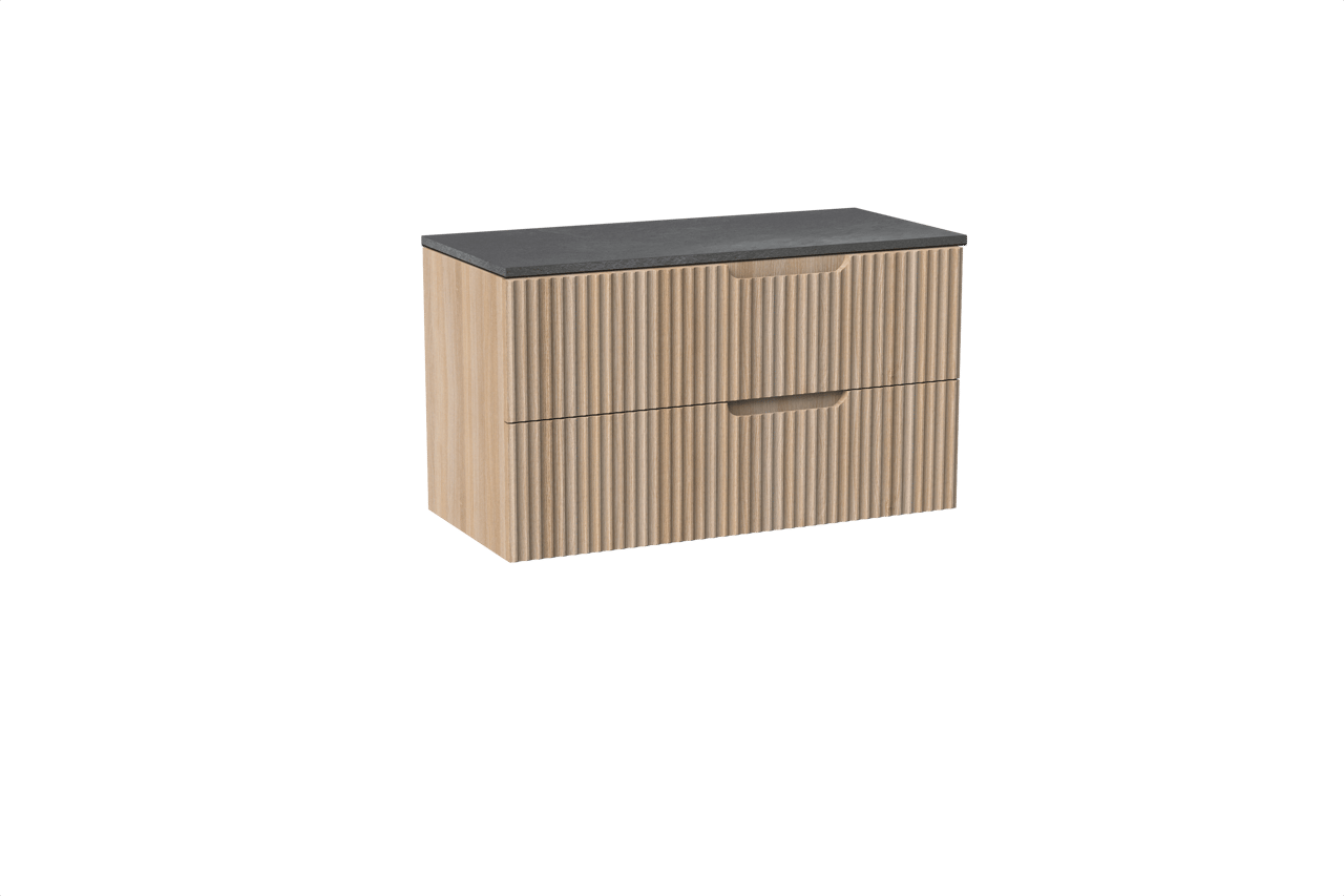 Linie Ribbo hängendes Möbelstück Set: 100 x 46 cm, Helle Eiche, mit Lado Einzel- oder Doppel Waschtischplatte, Melamin, Schiefergrau, Vertikale symmetrische runde Rippe