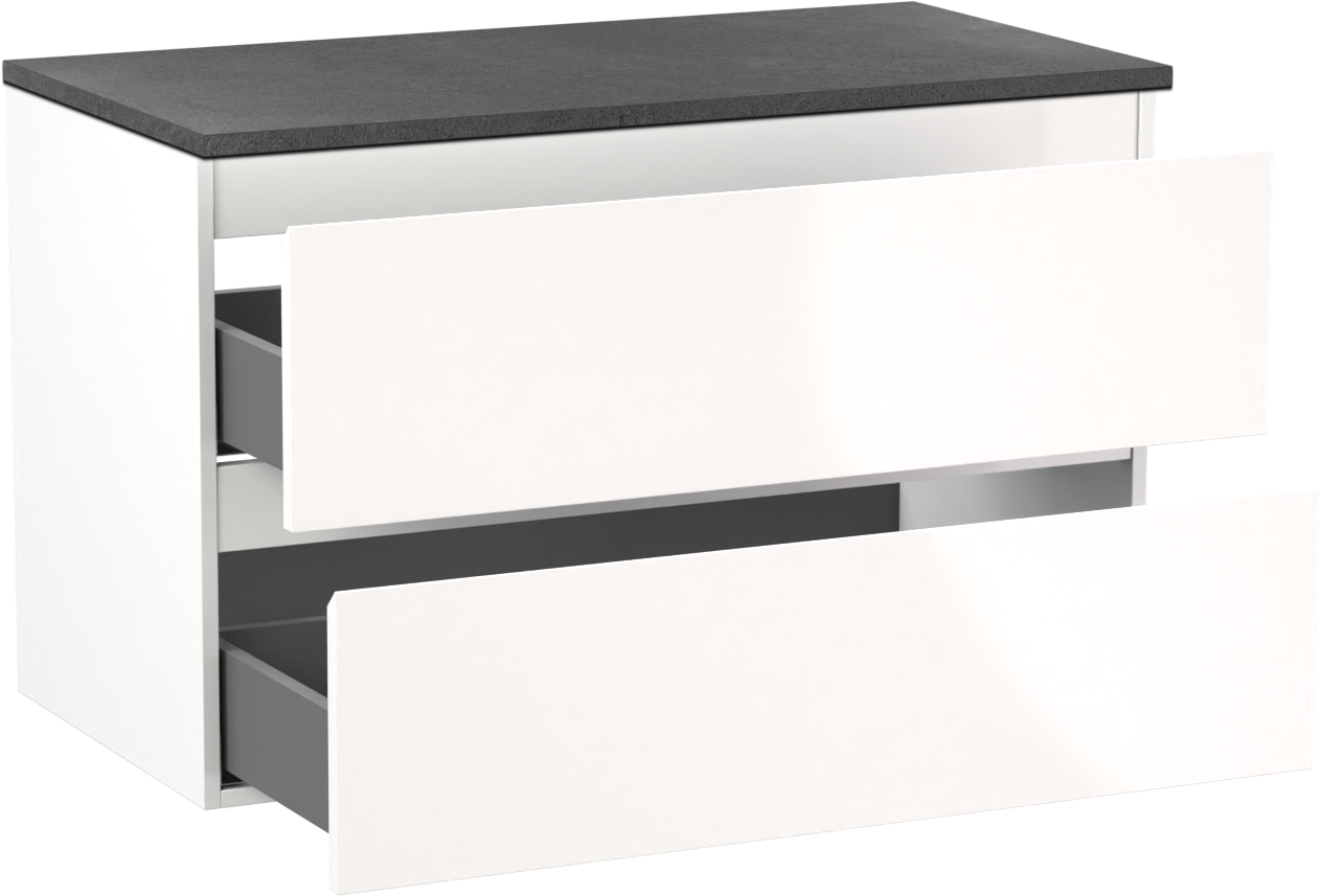Linie Lado hängendes Möbelstück Set: 90 x 46 cm, Weiß glänzend, mit Lado Einzel Waschtischplatte, Melamin Schiefergrau