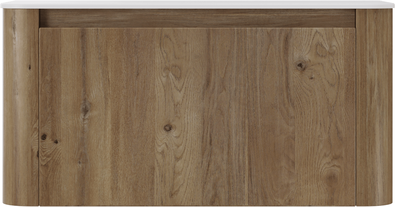 Storke Soft zwevend badkamermeubel 100 x 46 cm ruwe eik met Tavola Soft enkele tablet in solid surface mat wit