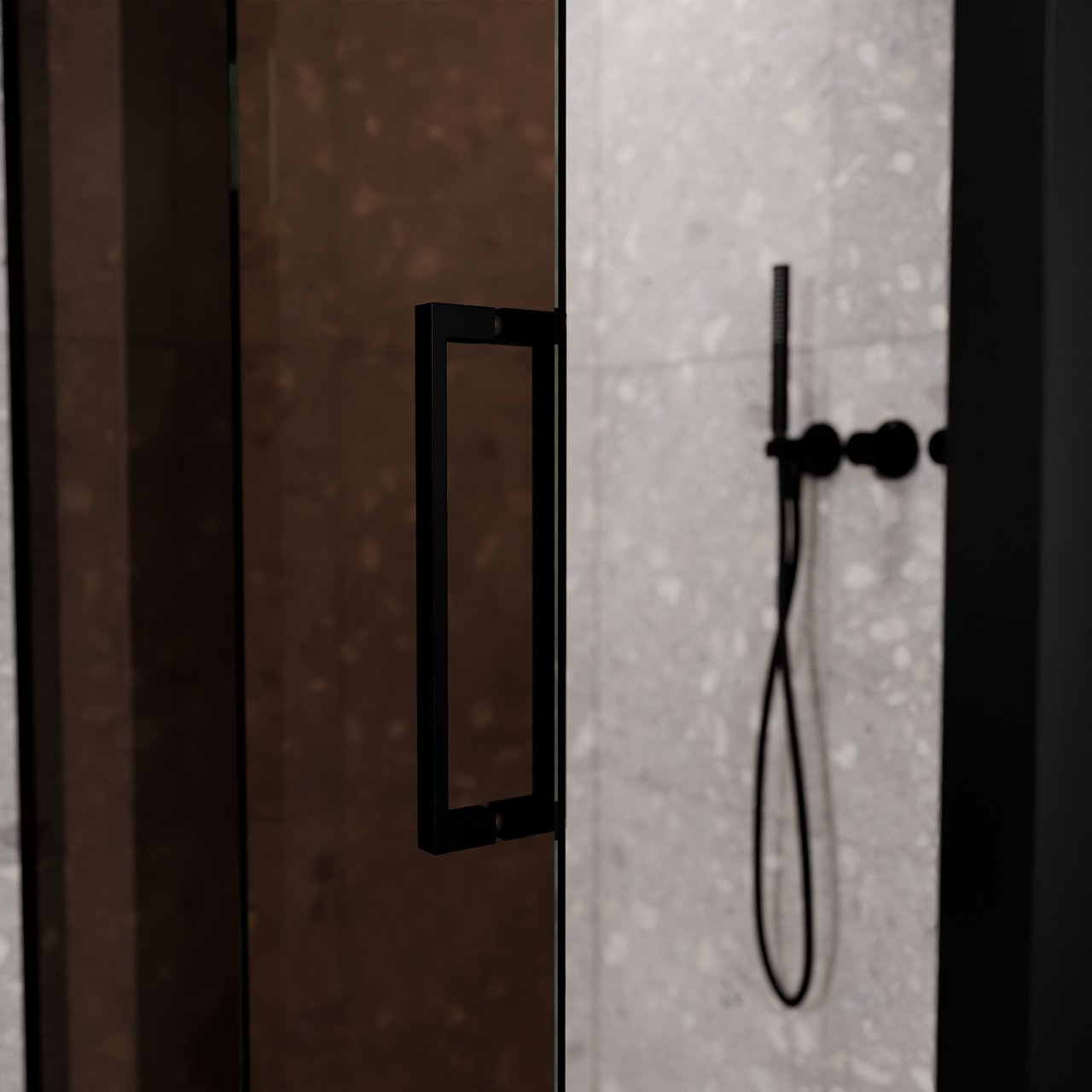 Balmani Senses Design Eckdusche: Schiebetür (Links) mit fixierte Seitenwand, 120 x 100 cm, Bronze, Profil Schwarz matt, inklusive Coating