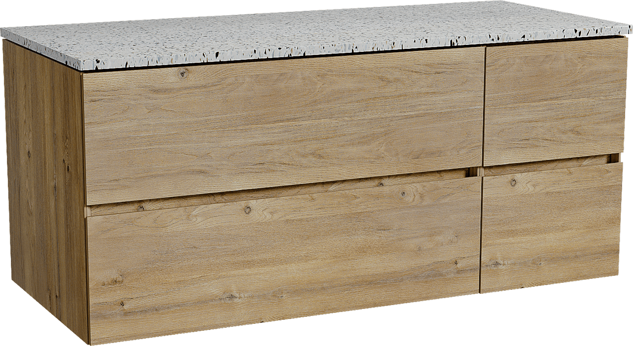 Storke Edge meuble salle de bains suspendu 120 x 52 cm chêne brut avec Tavola tablette simple ou double en blanc/noir mat terrazzo