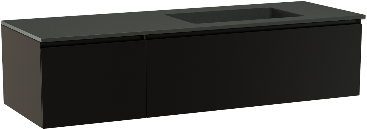 Storke Edge zwevend badmeubel 150 x 52 cm mat zwart met Scuro asymmetrisch rechtse wastafel in kwarts mat zwart