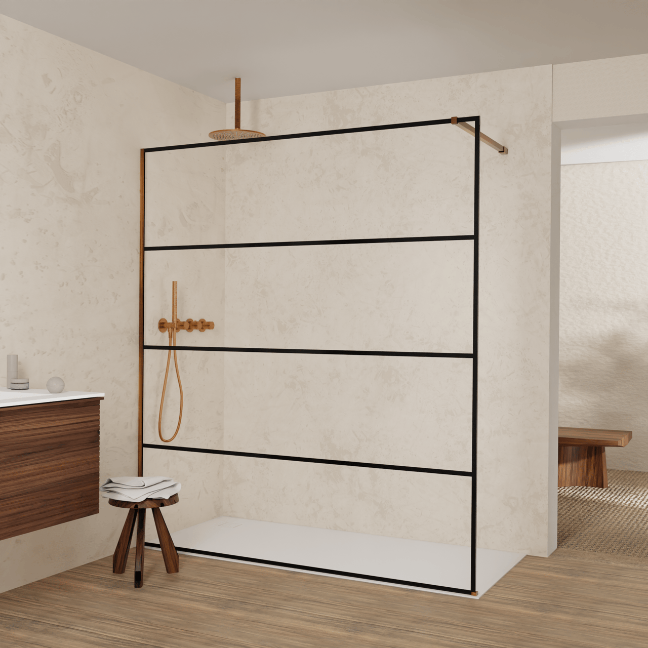 Balmani Modular Walk-In Dusche: 180 x 200 cm, Lined, inklusive Coating, Profil Brushed Rosegold