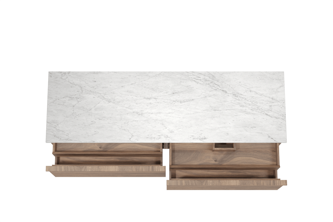 Balmani Forma hängendes Möbelstück Set: 180 x 55 cm, Amerikanischer Nussbaum, mit Stretto Einzel- oder Doppel Waschtischplatte, Marmor, Carrara, Horizontale symmetrische gerade Rippe