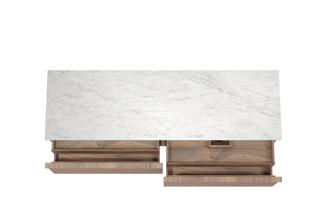 Balmani Forma hängendes Möbelstück Set: 180 x 55 cm, Amerikanischer Nussbaum, mit Stretto Einzel- oder Doppel Waschtischplatte, Marmor, Carrara, Horizontale symmetrische gerade Rippe