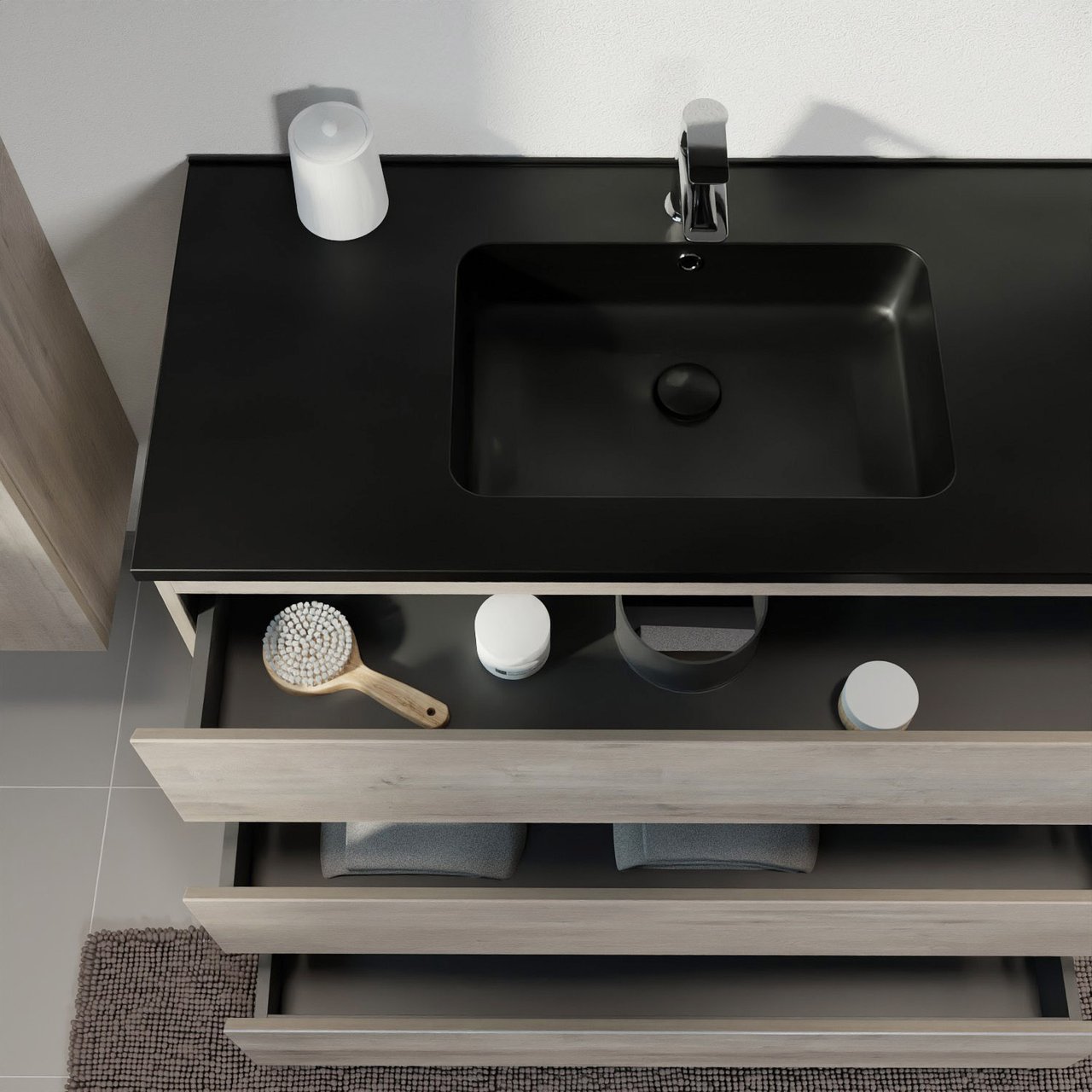 Linie Lado meuble salle de bains à poser 120 x 46 cm chêne gris avec Vano double vasque en marbre composite noir mat