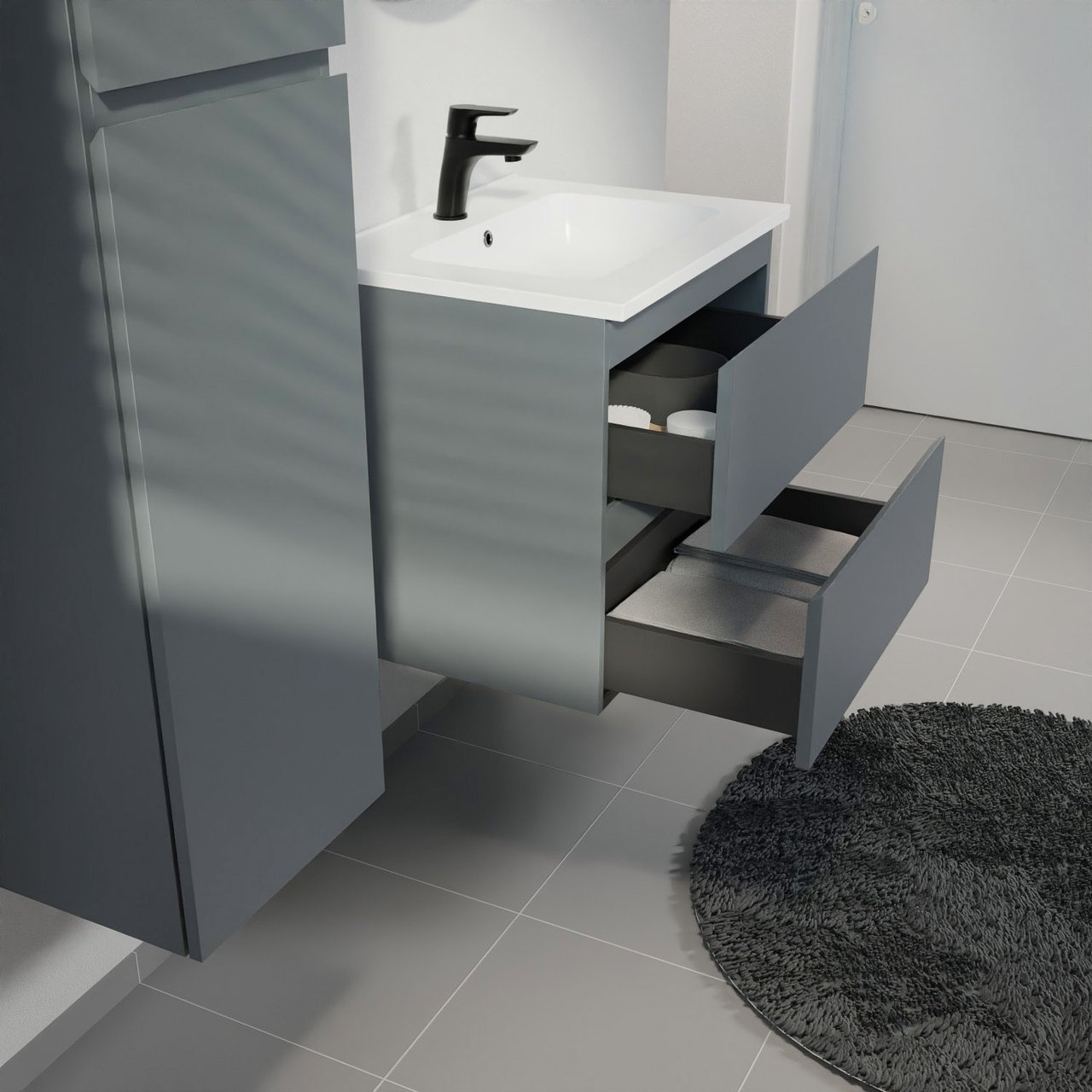 Linie Lado zwevend badkamermeubel 60 x 46 cm blauw antraciet met Vano enkele wastafel in composietmarmer mat wit