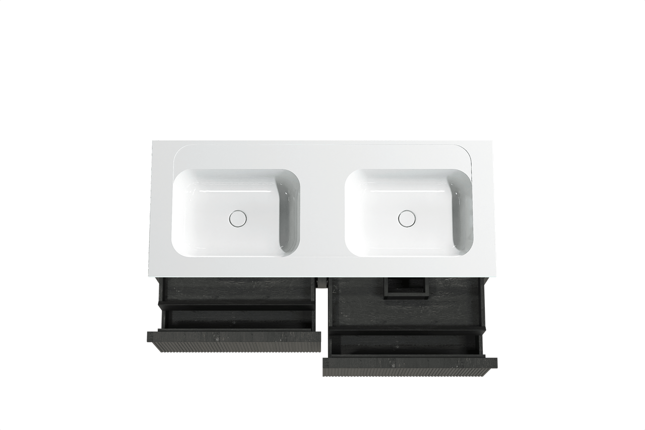 Balmani Forma hängendes Möbelstück Set: 135 x 55 cm, Schwarze Eiche, mit Tablo Strada Doppelwaschtisch, Marmorkomposit, Weiß glänzend, Vertikale symmetrische gerade Rippe
