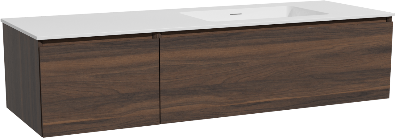 Storke Edge zwevend badmeubel 150 x 52 cm notenhout met Mata asymmetrisch rechtse wastafel in solid surface mat wit