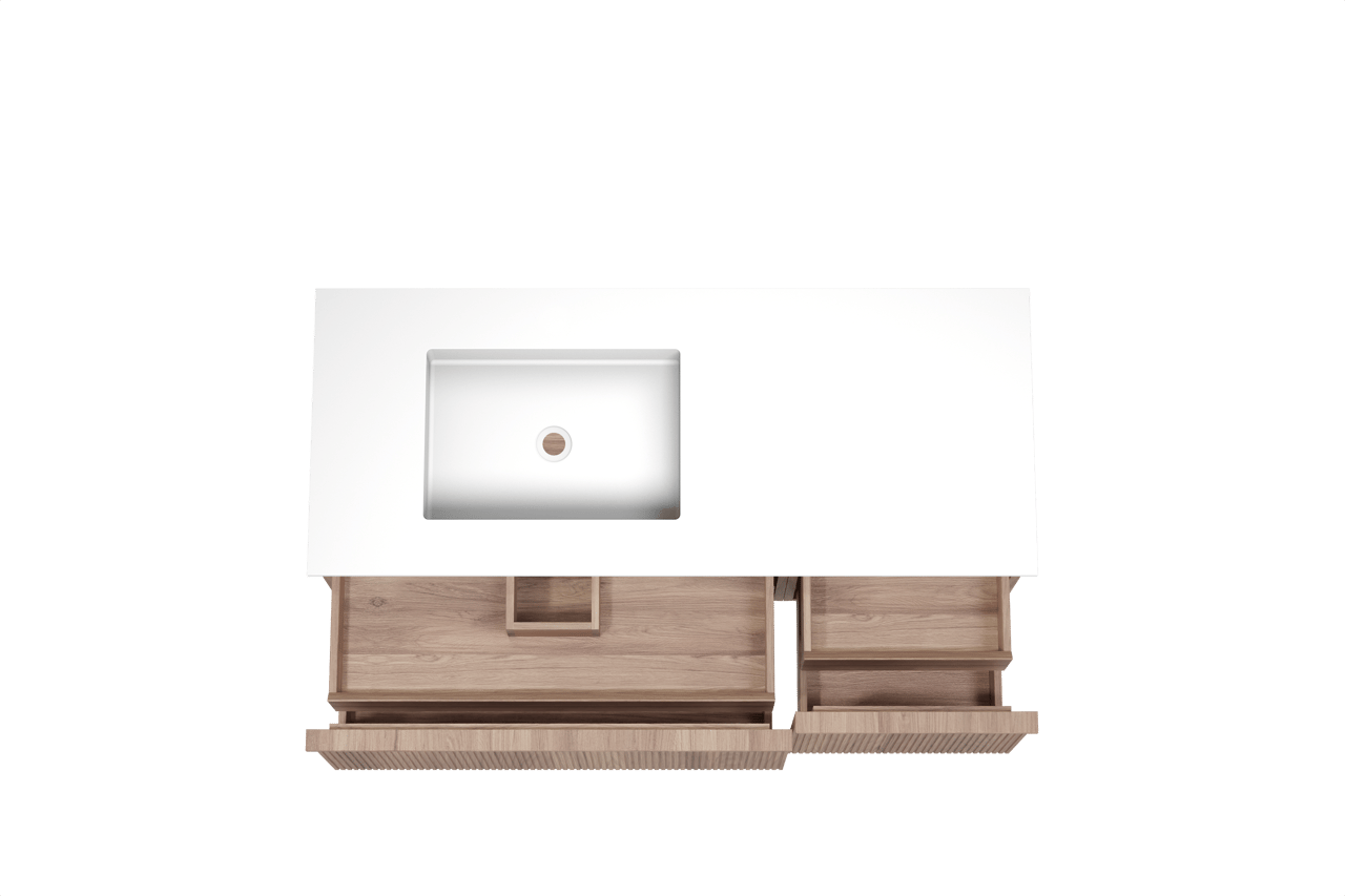 Balmani Forma hängendes Möbelstück Set: 135 x 55 cm, Teak, mit Tablo Stretto Waschtisch links, Solid Surface, Weiß matt, Vertikale symmetrische gerade Rippe