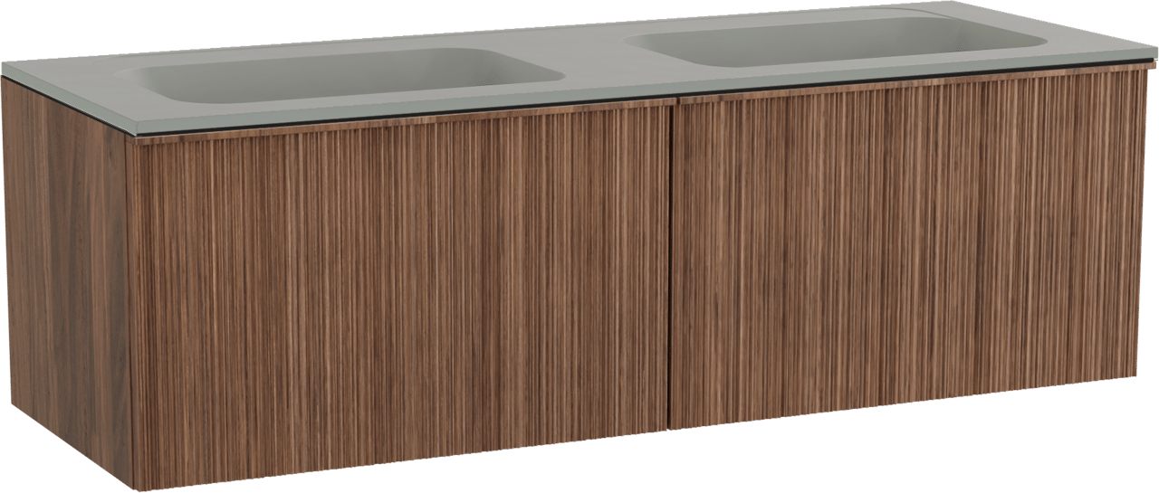 Balmani Forma zwevend badmeubel 150 x 55 cm amerikaans notenhout met Tablo Strada dubbele wastafel in composietmarmer zijdegrijs, Verticale asymmetrische ronde ribbel