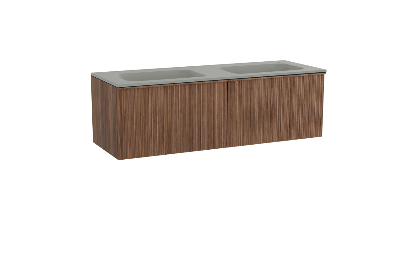 Balmani Forma zwevend badkamermeubel 150 x 55 cm amerikaanse notelaar met Tablo Strada dubbele wastafel in composietmarmer zijdegrijs, Verticale asymmetrische ronde ribbel