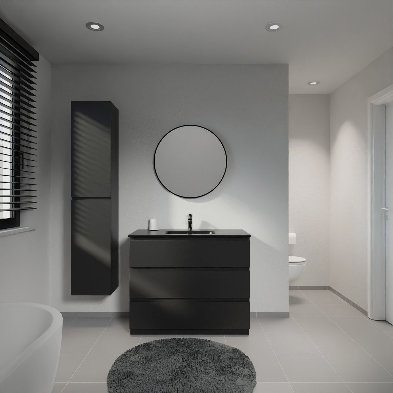 Linie Lado freistehendes Möbelstück Set: 100 x 46 cm, Schwarz matt, mit Baro Einzelwaschtisch, Porzellan Schwarz matt